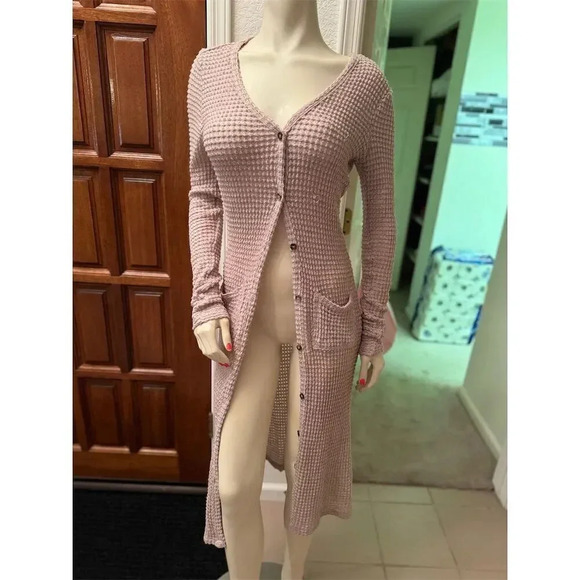 Double Zero Women's Pink Knit Long Button Down Cardigan Sweater Size S Blush - Picture 1 of 12